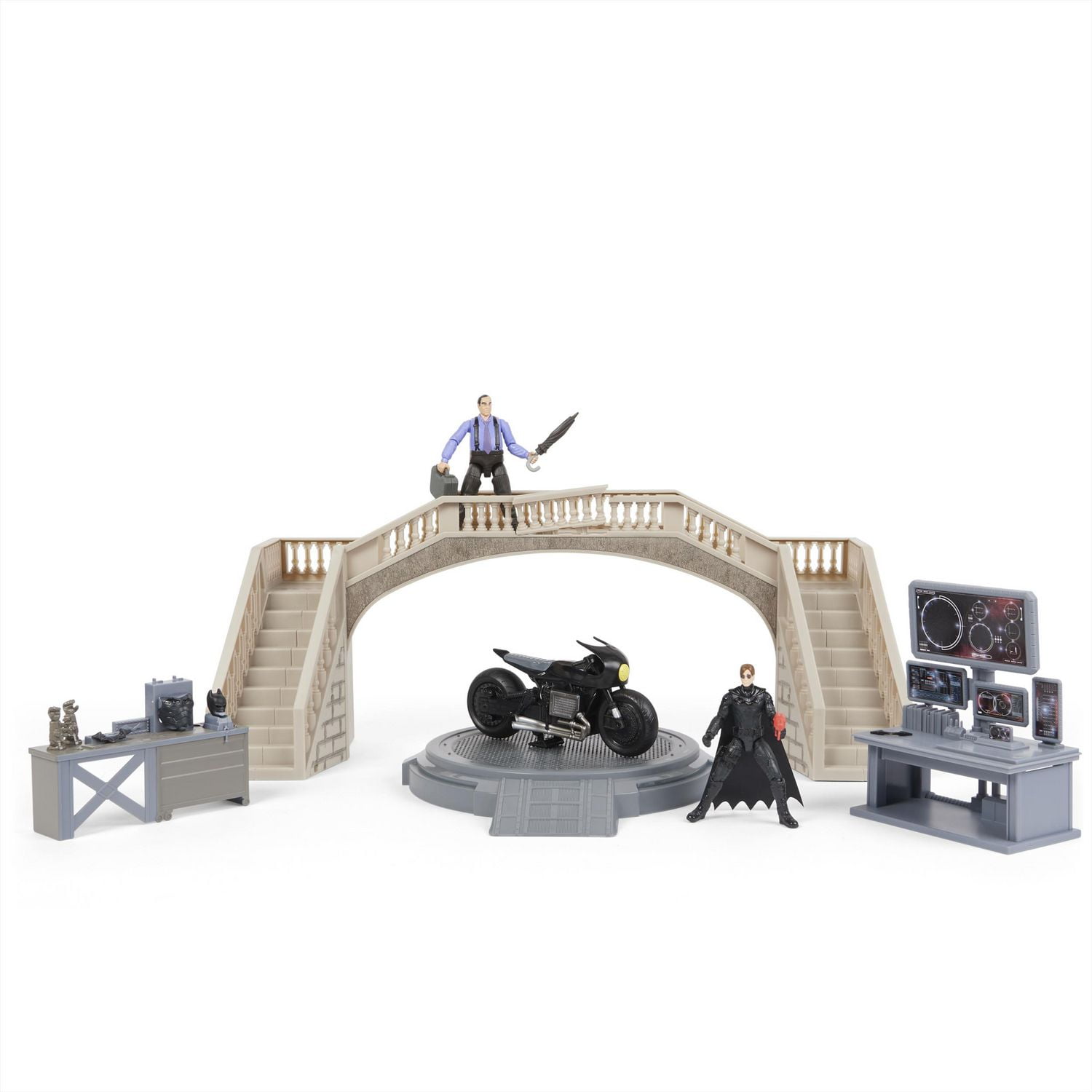 DC Comics, Batman Batcave avec figurines articulées exclusives Batman et The Penguin et Batcycle, Jouets pour enfants à collectionner du film Batman pour garçons et filles à partir de 3 ans