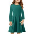 thumbnail image 2 of 2025 Robe Fille Manches Longues Couleur Unie Extensible Évasée Fluide Midi Robes Robe Patineuse Tournoyante Vert, 2 of 9