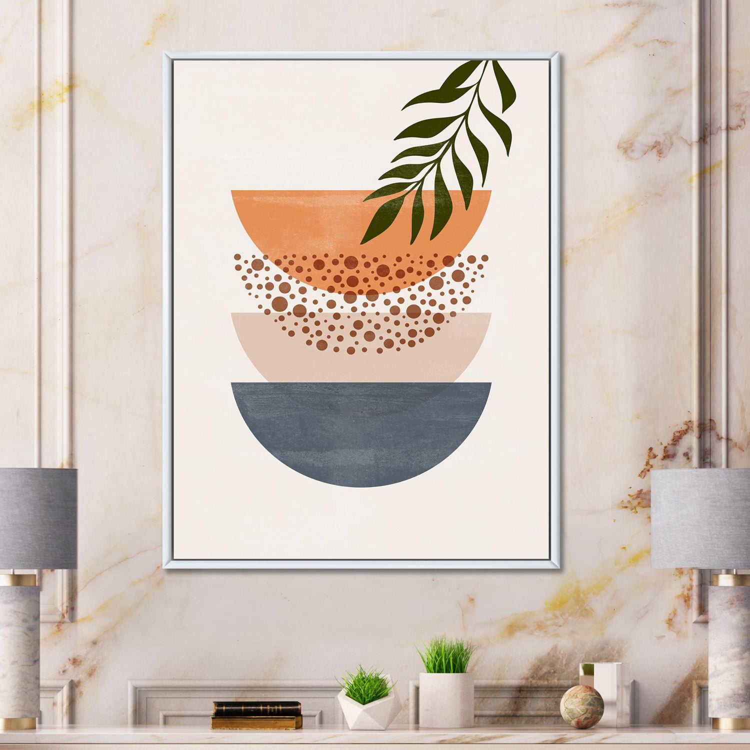 Designart Soleil géométrique abstrait et lune avec feuille III ART MURAL À CADRE FLOTTÉ