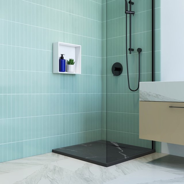 Emberveil Marble Black SMC Shower Base 36" x 36" – Low Profile Anti-Slip Stone Texture with Side Drain