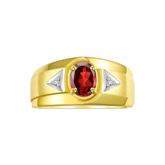 RYLOS Men's Rings 14K Yellow Gold Classic 7X5MM Oval Gemstone & Diamond Ring Garnet January Birthstone Rings For Men, Gold Rings Size 10