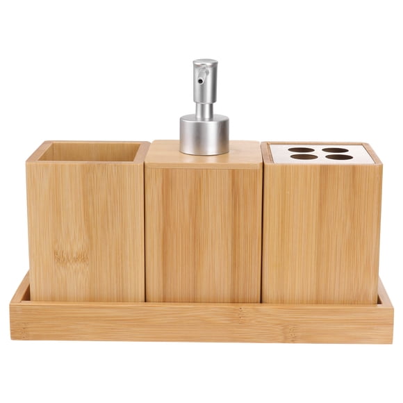 MasteelfCA 4pcs Bamboo Wood Bathroom Set Luxury Bathroom Essentials Toothbrush Holder Bottle Family Bath Accessories Set