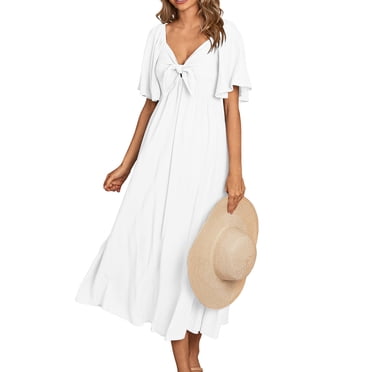 LOVZFMLL Femmes Mode Col d'Été Manches Courtes Taille Unie Robes Blanc G
