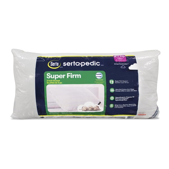 Sertapedic Super Firm Pillow in clear packaging with label showing 2 inch gusset, super firm support for spinal alignment, 300 thread count cotton damask cover, hypoallergenic polyester fill, and machine washable care, designed for firm comfort and pressure relief.