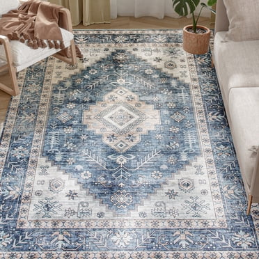 HOMCOM 9x12 Area Rug, Vintage Machine Washable Rug for Living Room, Blue