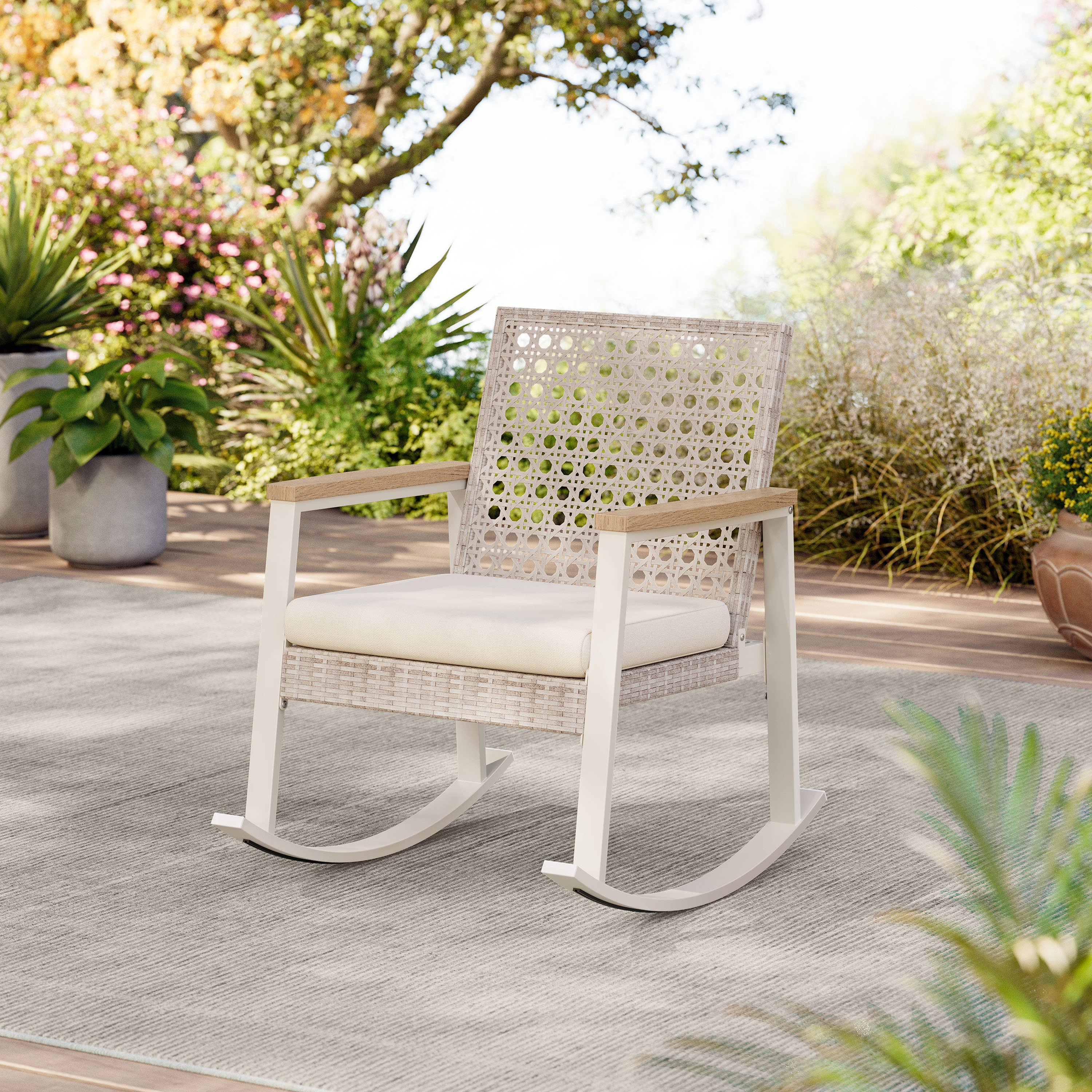 SONGMICS HOME Collection Sencillo Ensemble de fauteuils à bascule 3 pièces en acier pour l'extérieur, Couleur Os