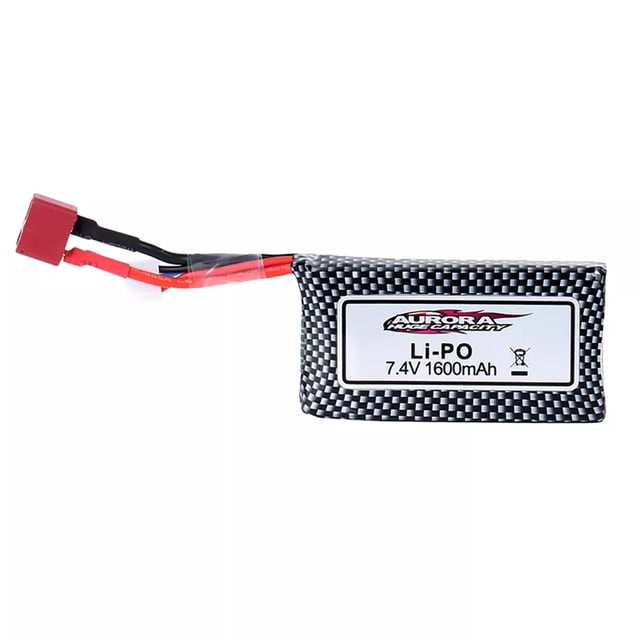 7.4v 1600mAh Lipo Battery for Xinlehong 9125 RC Car, a lightweight spare part weighing 65g with dimensions of 13.3 x 3.3 x 1.5 cm. Features a durable carbon fiber-style casing and red connector, ideal as a replacement accessory for RC cars.