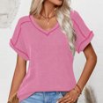 thumbnail image 1 of Soki Women's Tops Basic Casual V Neck Solid Color Pleated Short Sleeved Tee, 1 of 5
