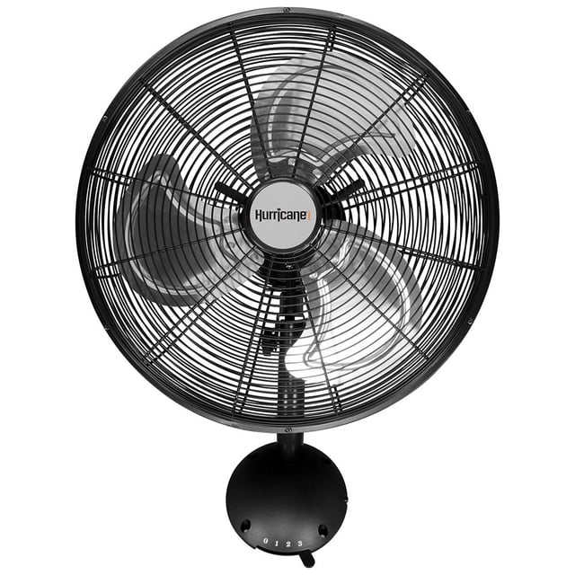 Hurricane 16" Pro High Velocity Oscillating Metal Wall Mount Fan with 3-Speed Cooling. This black, all-metal fan features durable aluminum blades and a powder-coated finish. It is designed for wall mounting with an included bracket, offering up to 2400 CFM airflow at 1450 RPM. The fan includes three speed settings, oscillation controls, and a manual tilt adjustment for directional airflow. Ideal for indoor spaces like bedrooms, garages, greenhouses, and offices, it has a thermally protected motor, a 6-foot power cord, and electrical safety features such as a replaceable fuse and overload protection.