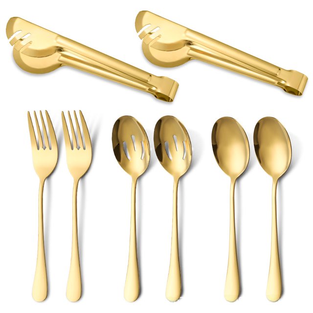 Ensemble d'Ustensiles de Service en Acier Inoxydable Premium 410 avec Cuillère, Pince à Steak et Fourchettes Multi-Usages – Couverts Résistants à la Rouille et Faciles à Nettoyer pour Repas Décontractés et Fins, Design Doré Élégant