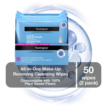 Neutrogena All-in-one Makeup Remover Micellar Wipes for Face Daily Gently Removes Oil Dirt and Waterproof Makeup in a Simple Fully Plant Based Cloth, 2 pack of 25 count