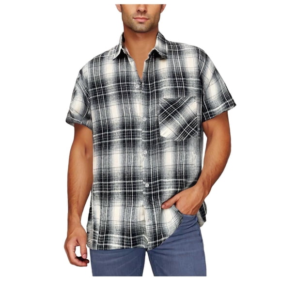 Men's Plaid Shirt, Casual Short Sleeve Button Down Shirt with Pocket, Regular Fit for Spring and Summer