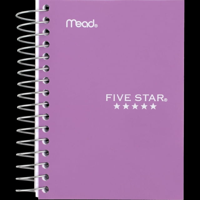 Five Star® Fat Lil' Wirebound Notebook, college ruled, 5 1/2" x 3 1/2", 400 pages, with a purple cover featuring white Mead and Five Star logos and snag-free Spiral Lock® wire binding on the left, compact and portable for note-taking and organizing ideas.