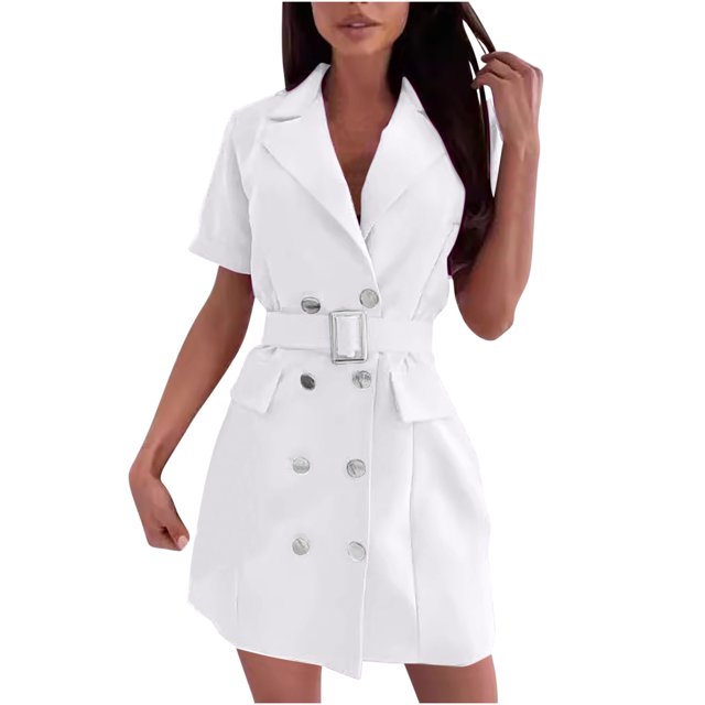 Gspmoly Robe d'Été, Tailleur pour Femme à Lacets, Col à Revers, Boutons, Robe Unie, Robe de Cocktail, Offres Prime