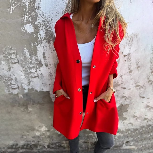IMENGL Manteau trench long Décontracté à Capuche à Simple Boutonnage Automne Hiver, Rouge 4TG, Taille M-5TG