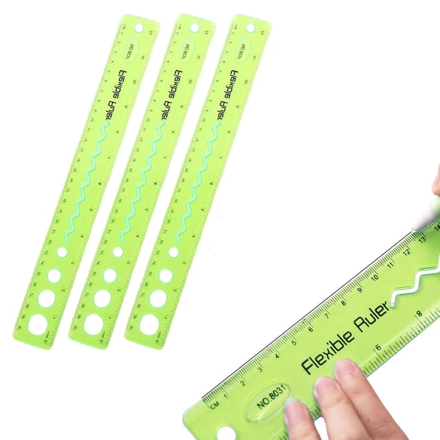 ZTTD 12 Inch, 3 Pack, Flexible Ruler with Centimeters and Inches, Clear Plastic Standard Ruler for Home, or Office (Type2-Green)