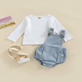 thumbnail image 2 of Baby 2PCS Spring Romper Suit  Long Sleeve Plain Ribbed Crew Tops+ Buckle Shoulder Straps Snap Triangle Suspender Romper, 2 of 7