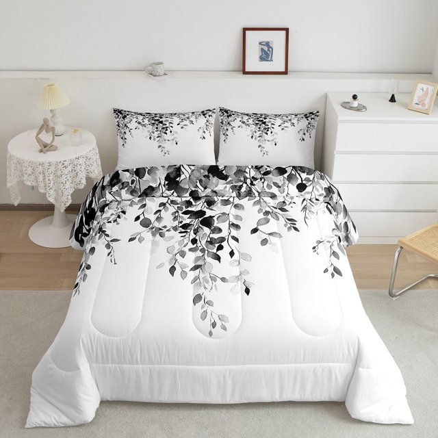 Erosebridal Eucalyptus Leaf Bedding Queen Comforter Set, Black Down Comforter, Spring Plant Decor, Ultra Soft 3 Pieces