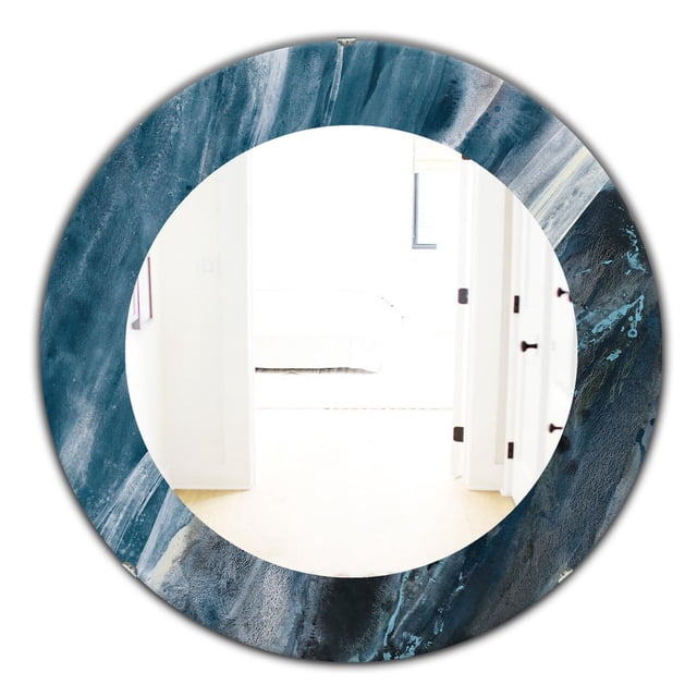Designart 'Splash Blue Indigo' modern 24x24 round wall mirror with a blue indigo marbled printed frame featuring raised, scratch-resistant ink and a 1/4-inch thick distortion-free reflective surface, suitable for brightening and visually expanding rooms.