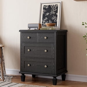 4 Dressing pour chambre à coucher, Dresser vintage avec poignées sculptées et des jambes cadrées Design, Bois de coffres de tiroirs avec rangement grande capacité, noir