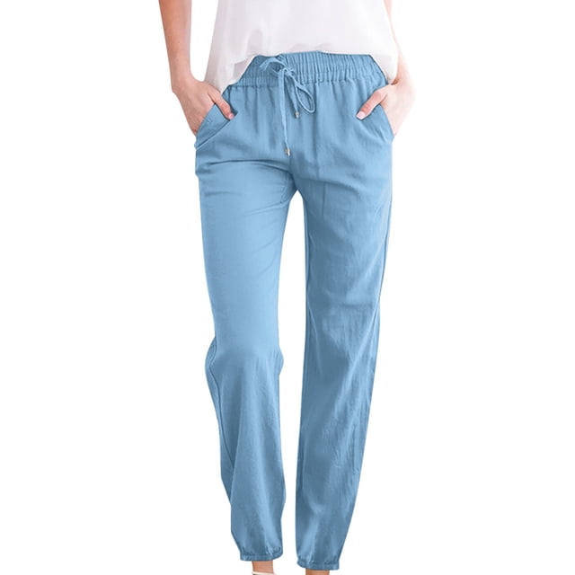 FNFYFH Clearance Cotton Linen Pants for Women Drawstring Elastic Pant with Pockets Solid Trousers,Gray