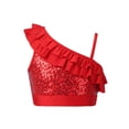 thumbnail image 1 of iixpin Kids Girls Sleeveless Sequin Ruffle Dance Top Shirt Asymmetrical Shoulder Straps Performance Crop Top Red 8, 1 of 7