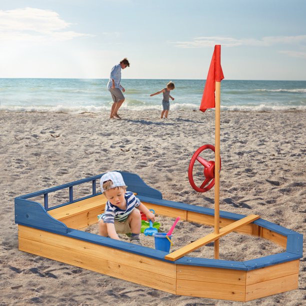 COSTWAY Bac à Sable Bateau Pirate Avec Toit – Bois De Sapin, Sans Fond, Drap Et Gouvernail – 3-8 Ans, 2 Places