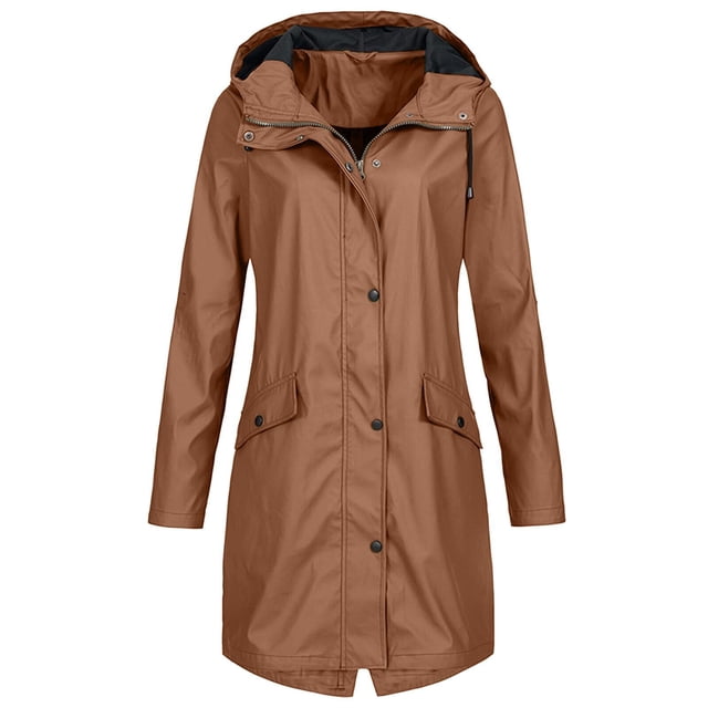 Mikilon Women's Solid Color Rain Jacket Outdoor Hooded Waterproof Windproof Long Coat