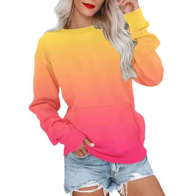 RKSTN Chandails en Molleton pour Femmes Mode Automne 2023 Couleur Dégradée Manches Longues Chandail en Molleton Grande Taille Ample Col Rond Doux Chandail Tops