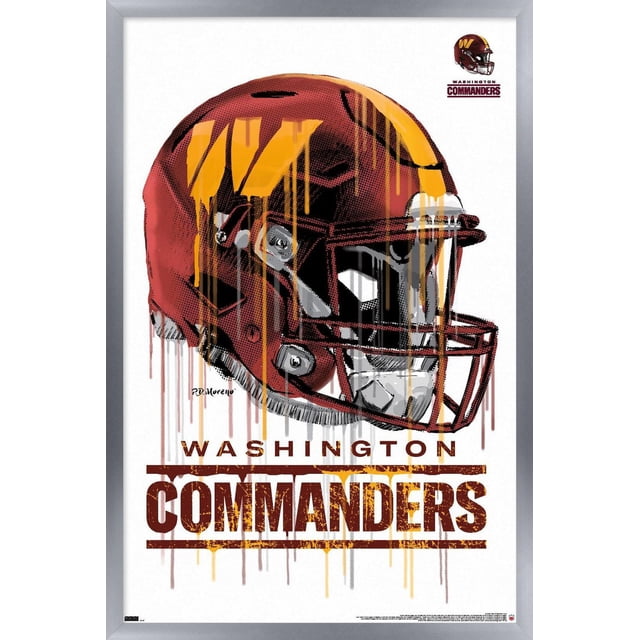 NFL Washington Commanders - Drip Helmet 22 Wall Poster, 14.725" x 22.375" Framed showing a front-facing maroon football helmet with gold paint drip design and detailed facemask, the Washington Commanders logo in the top right, and bold team name text below on a white background, suitable for sports-themed wall art.