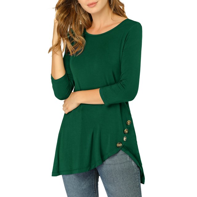 INSPIRE CHIC Hauts pour Femmes Col Rond Manches 3/4 Décor Boutons Ourlet Irrégulier Blouse Style Décontracté TP Vert Foncé