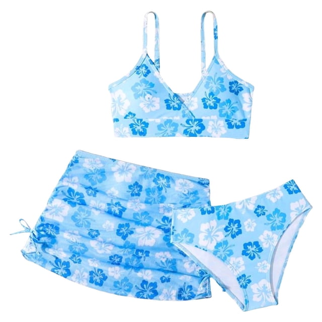 MIASHUI 3 Piece Girls Bathing Suits Leaf Flower Printed Bikini Set with Skirt Cover Up,Blue,7-8 Years