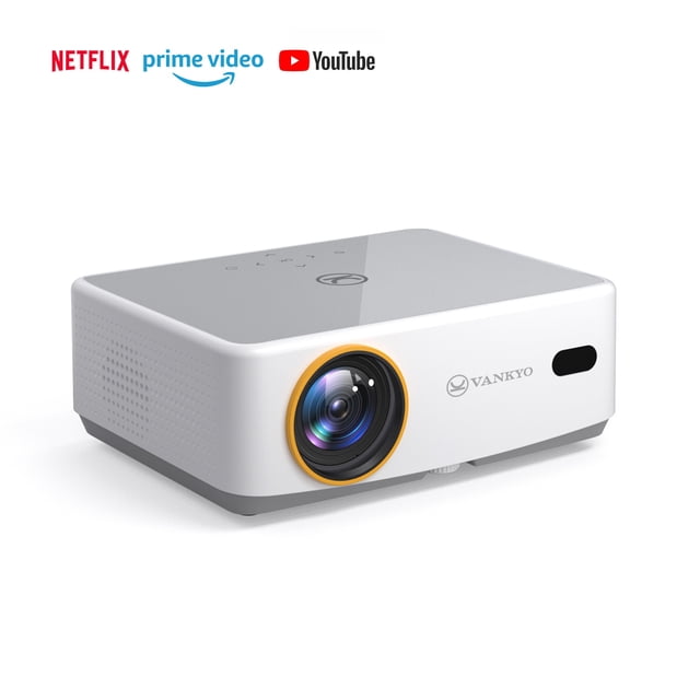 Vankyo Leisure L570S Native 1080P Projector with Dolby Audio, a white and gray portable projector with an orange-ringed lens on the front left, Vankyo logo on the front right, and touch controls on top, supporting Netflix, Prime Video, and YouTube streaming apps for home theatre use.