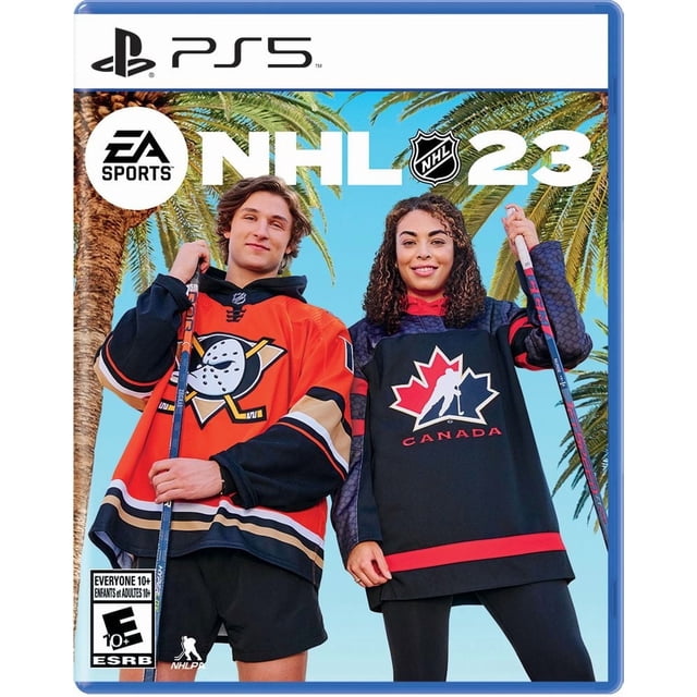 NHL 23 (PS5) video game cover featuring two hockey players holding sticks, one wearing an orange Anaheim Ducks jersey and the other in a black Team Canada jersey, standing before palm trees under a clear blue sky, representing mixed gender teams in the game.
