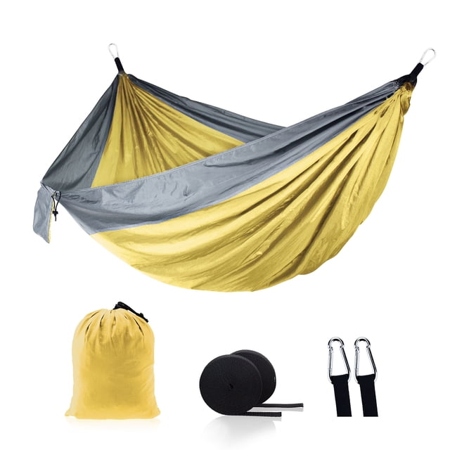 Tignapoo Spacious Double Nylon Hammock for Outdoor Adventures – Versatile Swing for Camping, Hiking, and Home Relaxation – Durable 210T Material in Yellow and Grey Color Combination