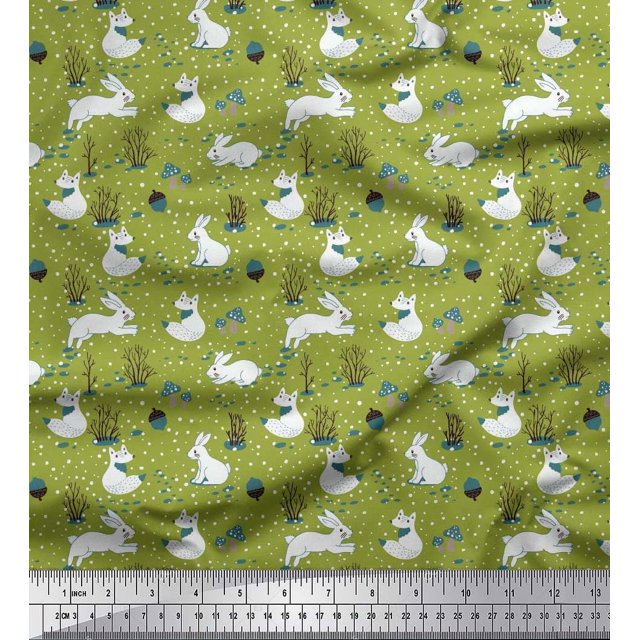 Soimoi Green Polyester Crepe Fabric Mushroom,Oaknut & Rabbit Animal Printed Fabric 1 Yard 42 Inch Wide