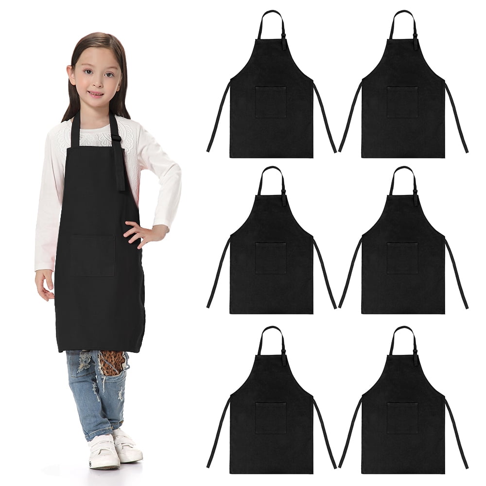 TOPTIE 6 Pack Kids Aprons with Pocket & Adjustable Strap, Child Chef Bib Apron for Kitchen Cooking Baking Painting-Black-XL