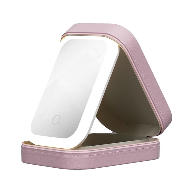 TopLLC Multi Functional LED Makeup Mirror With Light Three Color Adjustable Folding Integrated Jewelry Box Cosmetics Storage Box. This lighted makeup mirror features adjustable LED lighting with three color settings and a foldable design. The pink leather exterior adds durability and style, while the integrated storage compartment organizes cosmetics and jewelry. Perfect for travel, dorms, or home use.