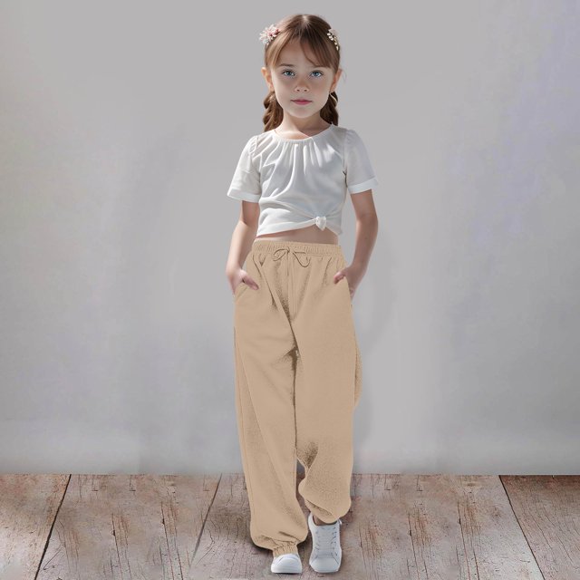 PMVFHDE Kids Pants Medium And Large Children Casual Girls Solid Color Drawstring Sweatpants,Khaki,7-8 Years