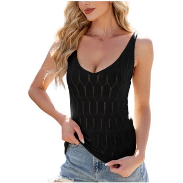 Women's Knit Tank Tops Deep V Neck Sleeveless Cute Summer Blouses Slim Fit Casual Hollow Out Tunic Tanks (S, Black)