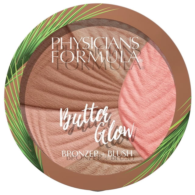 Butter Glow Bronzer + Blush by Physicians Formula, a round compact with creamy bronzer in warm brown and blush in soft pink, textured with wavy patterns and decorated with green palm leaf accents on the packaging, suitable for a natural radiant finish.