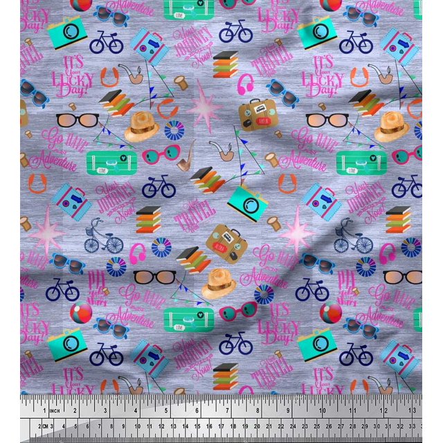 Soimoi Rayon Fabric Camera,Hat & Briefcase Travel Print Fabric by The Yard 56 Inch Wide