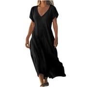 UPPADA Women's Summer Plus Size Dress Cotton Linen Flowy Maxi Dress Short Sleeve Casual Sundress V Neck Waist Wrap Dresses Flowy Beach Dress,Flowy Maxi Dress Black,XXL