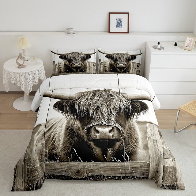 Erosebridal Ensembles de Literie Highland Cow Double avec Couette, Insert de Couette Faune, Décor Rustique de Ferme, Réversible 3 Pcs