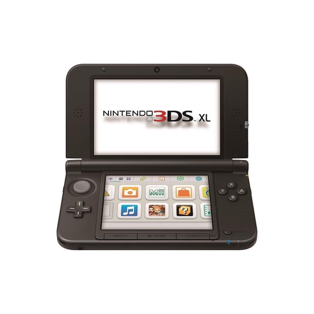 Black Nintendo 3DS XL (Mint Condition) - Console Only (No Games) front-facing clamshell handheld with black shell, visible dual screens (upper 3D display, lower touchscreen), circle pad, D-pad and A/B buttons; included power charger beside unit on plain background; portable 3D gaming handheld suitable for travel and retro libraries.