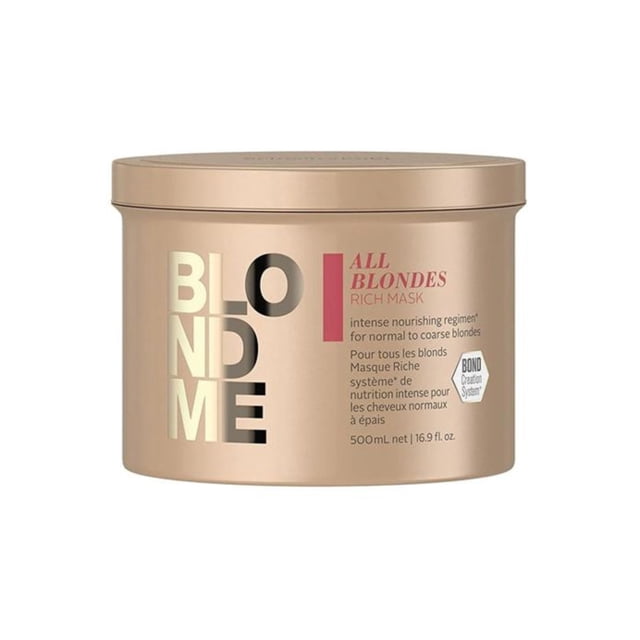 Schwarzkopf BlondMe All Blondes Rich Mask, 500mL, in a beige container with bold gold and pink text. Designed for medium to coarse blonde hair, it features a 3D Protein Complex and Marula Oil to rebuild inner bonds, improve strength, and provide a healthy shine. Suitable for towel-dried or dry hair with specific application instructions.