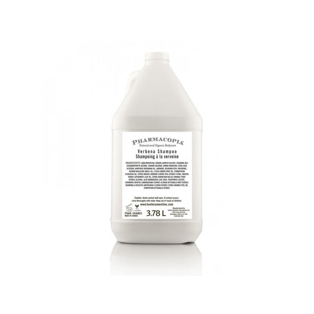 Pharmacopia Conditioner Verbena Gallon, 3.78L jug crafted for luxury and professional use. The white container features detailed labeling emphasizing its natural and organic ingredients, paraben-free formula, and suitability for Aqua amenities dispensers. Ideal for hair hydration and enriched with plant-based infusions.