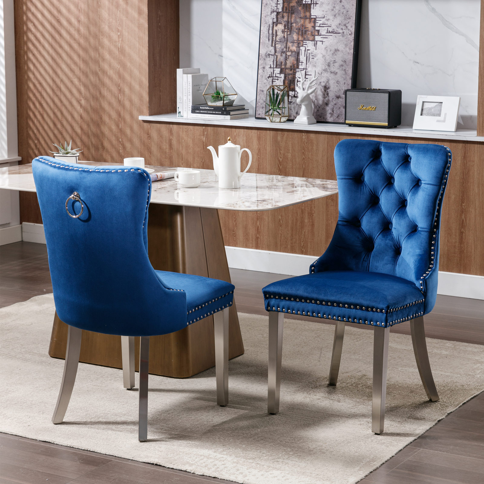 Noble House Velvet Upholstered Dining Chair Set of 2,Tufted with Siller Plated Legs & Nailhead Trim,Blue + Chrome