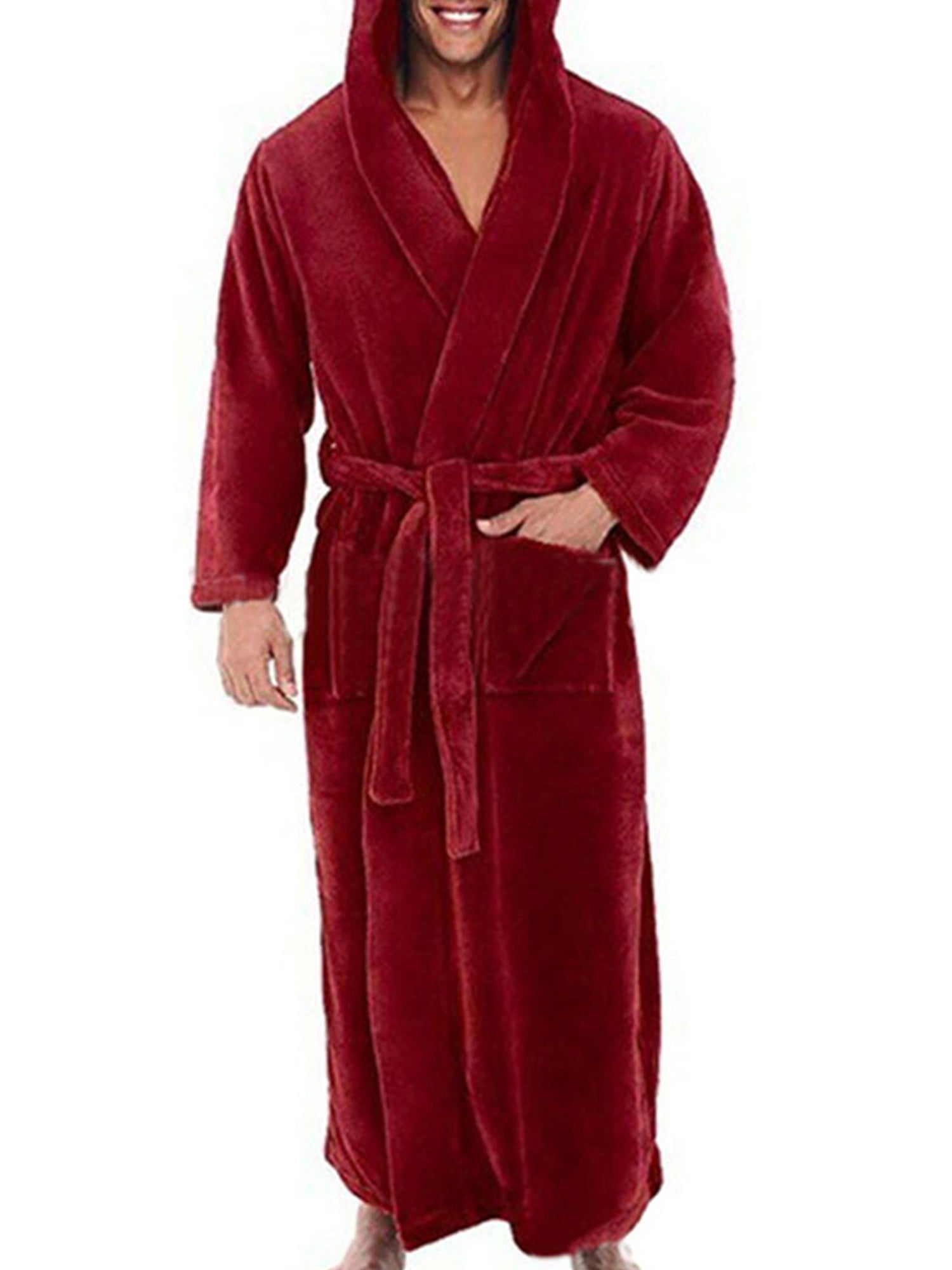 LUXUR Men Dressing Gown Hooded Wrap Robe Long Sleeve Bath Robes Plain Nightwear Solid Color Towelling Red S
