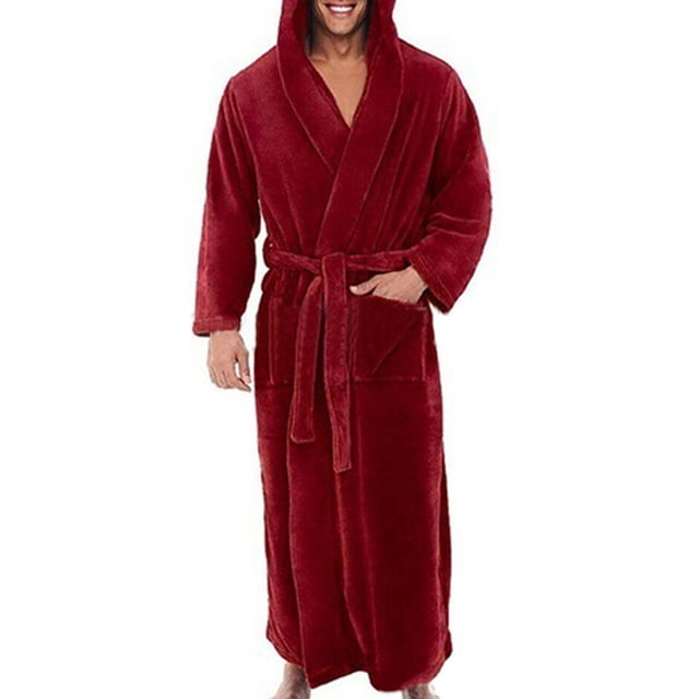 CVLIFE Mens Wrap Robe Solid Color Dressing Gown Long Sleeve Bath Robes Belt Hooded Nightwear Night Towelling Red M